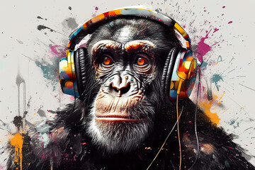 Monkey wearing sunglasses with headphones enjoys the music. Wildlife. illustration, generative AI