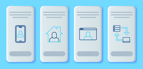 Set line Online working, Video chat conference, and icon. Vector