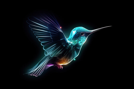 Image of humming bird with beautiful colors and light on a dark background. Wildlife Animals. Illustration, generative AI.