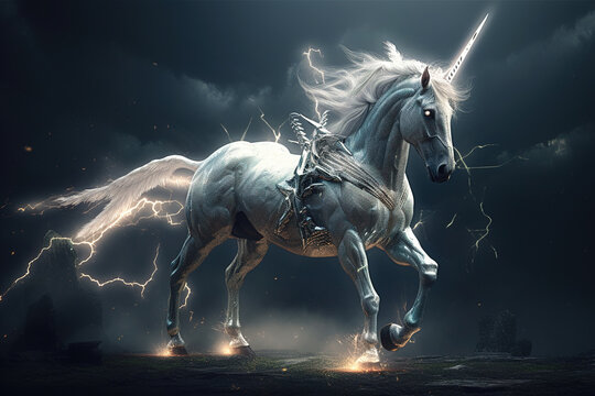 Image of a unicorn horse with light and lightning on a dark background. Wildlife Animals. Illustration, generative AI.