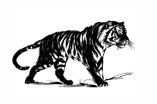 Image of a tiger drawing using a brush and black ink on white background. Wildlife Animals. Illustration, generative AI.