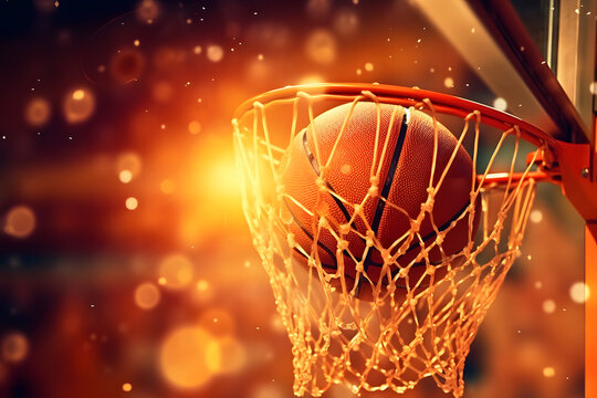 close up of ball in the net Scoring the winning points basketball concept ai generated art Generative AI