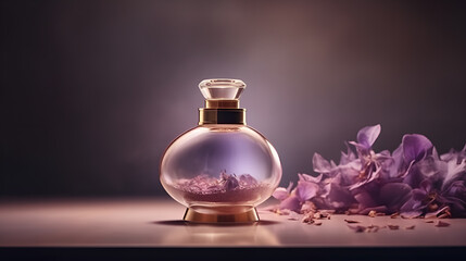 Obraz na płótnie Canvas Luxury perfume glass bottle with lilac flower petals on marble, cinematic smoke realistic minimalist white light background generative ai