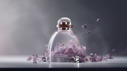 Obraz na płótnie Canvas Luxury perfume glass bottle with lilac flower petals on marble, cinematic smoke realistic minimalist white light background generative ai