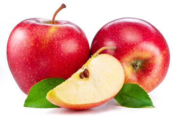 Ripe red apples and apple slice isolated on white background.