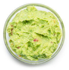 Glass bowl of guacamole on white background. Top view. File contains clipping path.