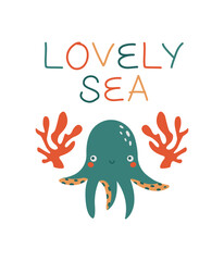 Cute childish clip art with octopus and coral with text 