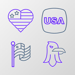 Set line Eagle, American flag, USA Independence day and icon. Vector