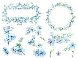 Set of blue forget-me-nots, floral rectangular frame and round wreath with place for text. Spring flowers Scorpion Grass, Myosotis. Hand draw watercolor illustration for wedding anniversary, birthday