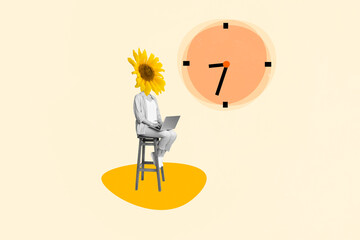 Artwork collage of headless employer it specialist woman planning her time headless sunflower use...