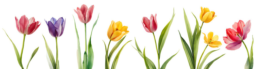 Set of different watercolour tulips isolated on transparent background. Generative AI

 - obrazy, fototapety, plakaty