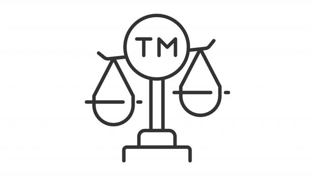 Intellectual property icon animation. Animated line balancing scale with trademark sign. Patent law. Legal system. Loop HD video with alpha channel, transparent background. Outline motion graphic