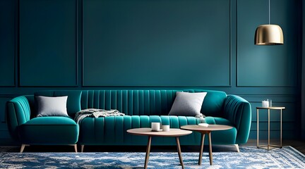 Interior of classic living room with blue walls, blue sofa and coffee table. Generative AI. - obrazy, fototapety, plakaty