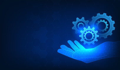 Gear technology background placed on business people hands Represents the drive of new economic businesses with technology gear digital hi-tech is work of engineering that works with smart technology