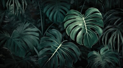 Naklejka na ściany i meble Tropical Paradise: Dark Green Monstera Leaves Illustration, Background and wallpaper design. Generative AI