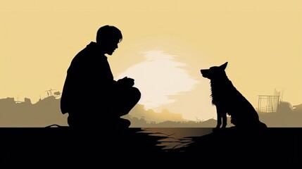 Fototapeta na wymiar A silhouette of a person sitting on the ground helping a stray dog. Empathy and kindness concept. Generative AI.