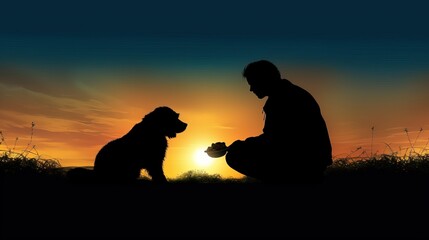 A silhouette of a person sitting on the ground offering food to a stray dog. Empathy and kindness concept. Generative AI.