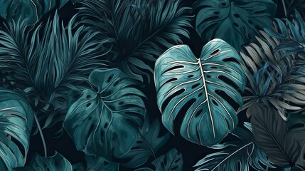 Tropical Paradise: Dark Green Monstera and Tropical Leaves Illustration, Background and wallpaper design. Generative AI