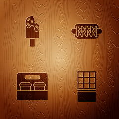 Set Chocolate bar, Ice cream, Coffee cup to go and Hotdog sandwich on wooden background. Vector