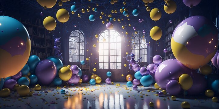Photo of a Colorful Room Filled with Balloons and Confetti