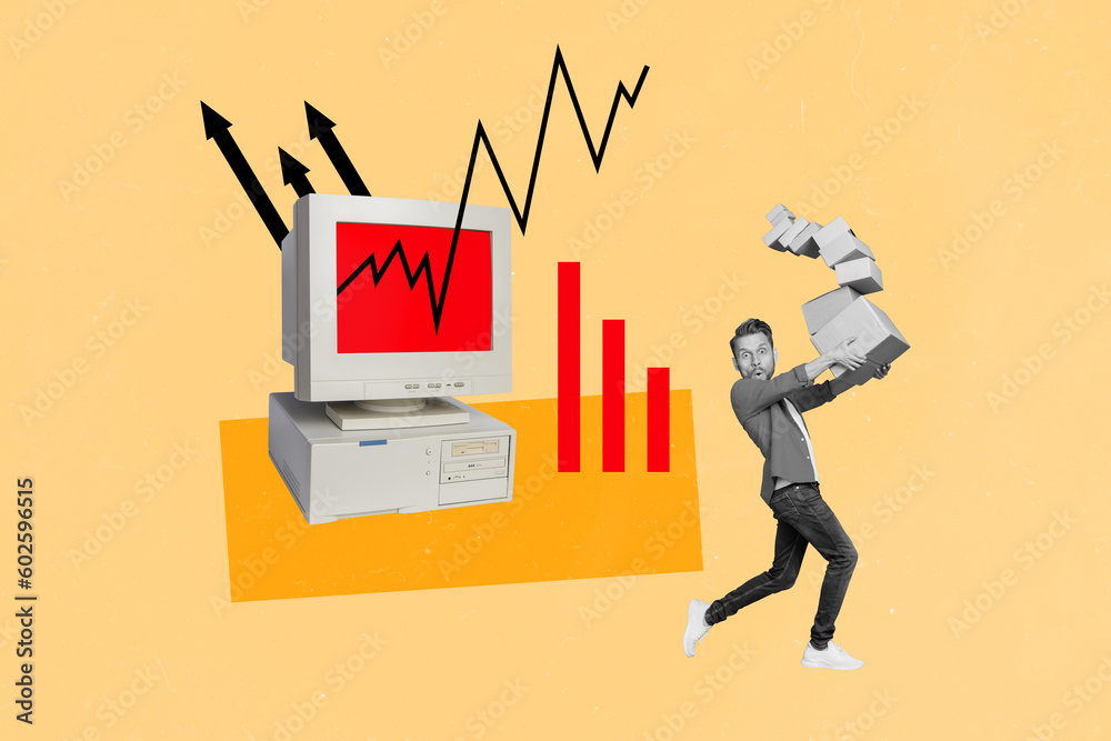 Aufkleber design collage artwork of young guy surprised hold stack carton boxes monitor computer stats grow ec