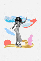 Creative retro 3d magazine collage image of carefree sexy lady dancing beach party isolated white color background