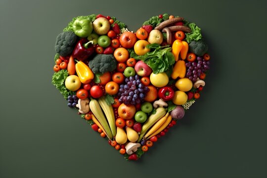 heart made of healthy vegetables and fruit, Healthy eating, Balanced diet, Clean eating, Nutritious meals, Whole foods, Plant-based diet, Organic foods, Superfoods, Meal planning