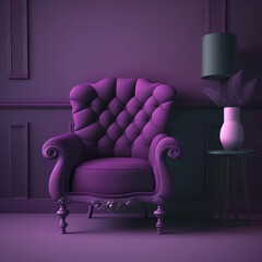 Purple armchair in front of a purple wall. Generative AI