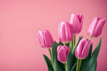 Bunch Of Pink Tulips Isolated On Pink Background