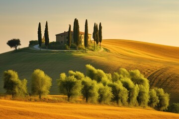 Fototapeta premium Sunny fields in Tuscany, Italy, countryside rolling hills; summer farmland and country road.Ai generative