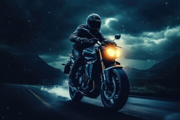 Fototapeta na wymiar biker on motorcycle on road at night, ai generative