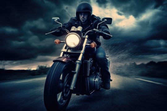 biker on motorcycle on road at night, ai generative © nataliya_ua