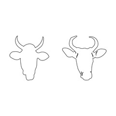 A cow and a cow are facing the left and the right side of the head is black.