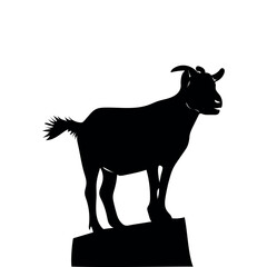 A black goat is silhouetted against a white background.