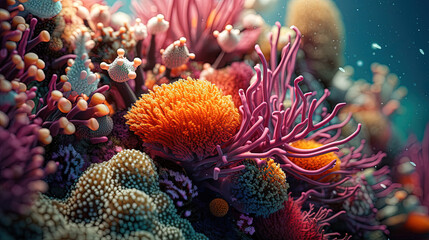 Fototapeta na wymiar Macro photography of a coral reef. Generative AI