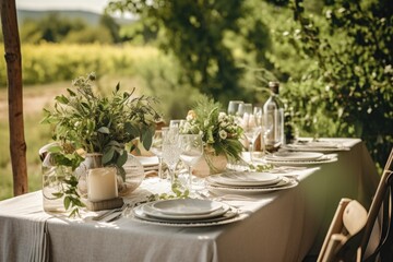 Fototapeta premium table setting for a wedding with flowers, ai generative