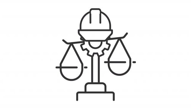 Labour law icon animation. Animated line balancing justice scale with helmet. Worker protection. Legal advice. Loop HD video with alpha channel, transparent background. Outline motion graphic
