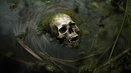 Decaying old human skull in dirty murky wet swamp mud, death and decay, unsolved crime scene, murder mystery - generative AI	
 - obrazy, fototapety, plakaty