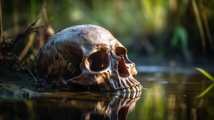 Decaying old human skull in dirty murky wet swamp mud, death and decay, unsolved crime scene, murder mystery - generative AI	
