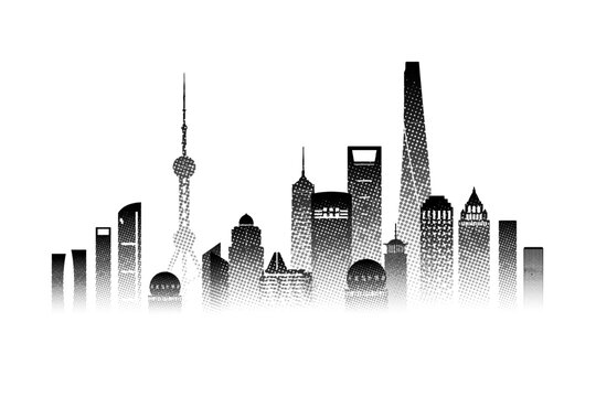 Travel architecture silhouette in Shanghai with black halftone style.