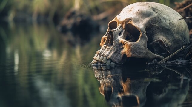 Decaying old human skull in dirty murky wet swamp mud, death and decay, unsolved crime scene, murder mystery - generative AI	
