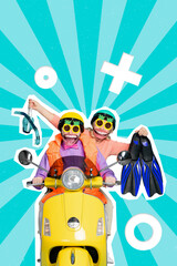 Collage artwork graphics picture of big mouth funky couple riding hurrying vacation isolated teal...