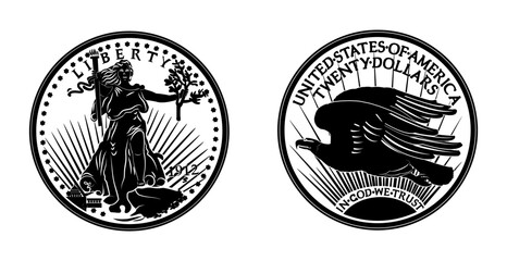 United States Gold Coin Saint-Gaudens double eagle. Antique 20 dollar double eagle gold coin. Vector image. EPS-10. The obverse and reverse sides of the coin are shown. Black and white. © Дмитрий Ломоновский