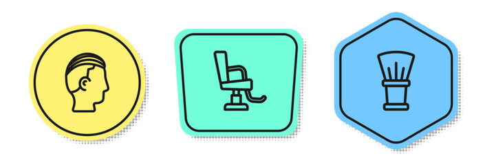 Set line Hairstyle for men, Barbershop chair and Shaving brush. Colored shapes. Vector