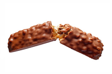 Chocolate bar with nuts and caramel filling broken in half floating, flying side studio shot isolated on white background 