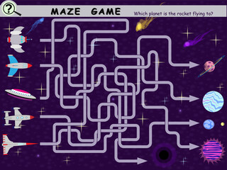 Logic game for children with planets and rockets maze. Vector illustration.