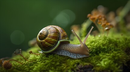 Snail Crawling at a Snail's Pace on Green Background