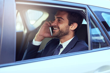 Phone call, smile and business man in car, talking and speaking on journey. Cellphone, taxi and male professional calling, travel and communication, discussion or conversation in motor transport.