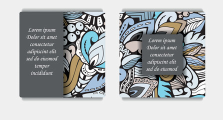 Cartoon doodle designe pattern. Detailed compositions with lot of flower, leaf and symbols. Horisontal banner. Template for card, invitation