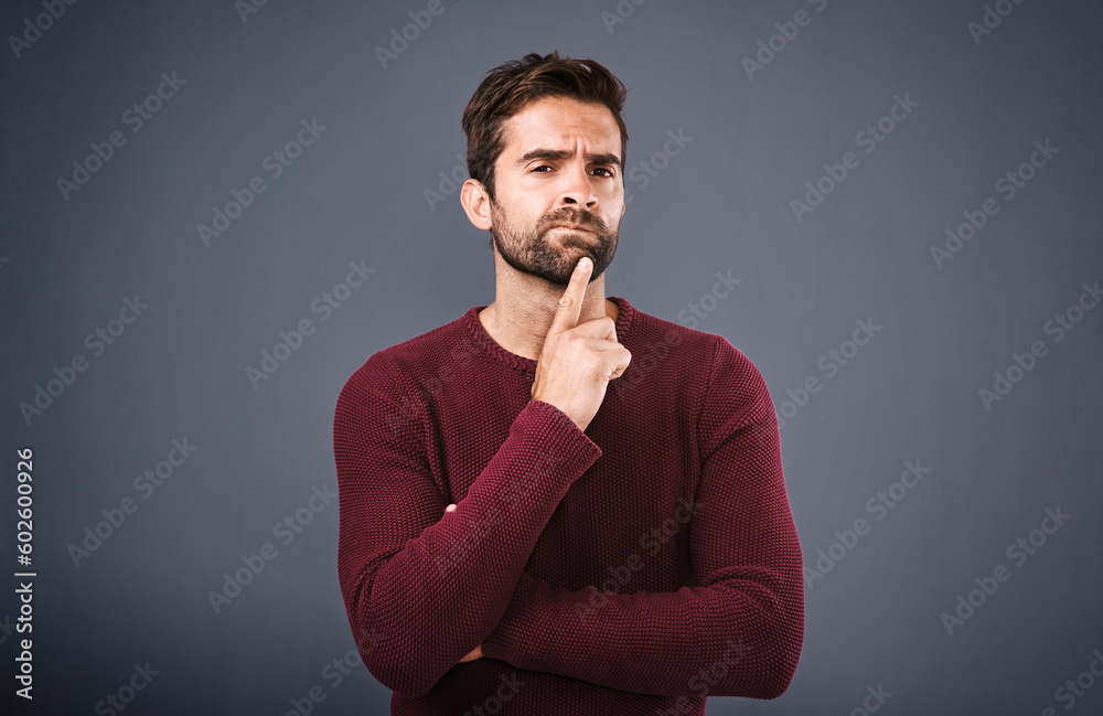 Aufkleber doubt, thinking and portrait of man in studio with unsure, uncertain and thoughtful on gray backgrou